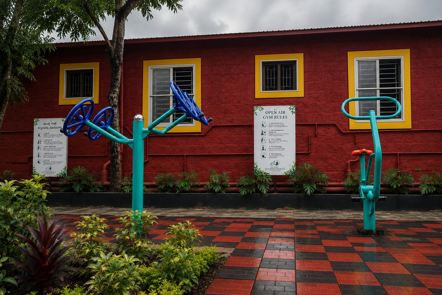 Teal open-air gym equipment on a red and black paved area beside a red cottage