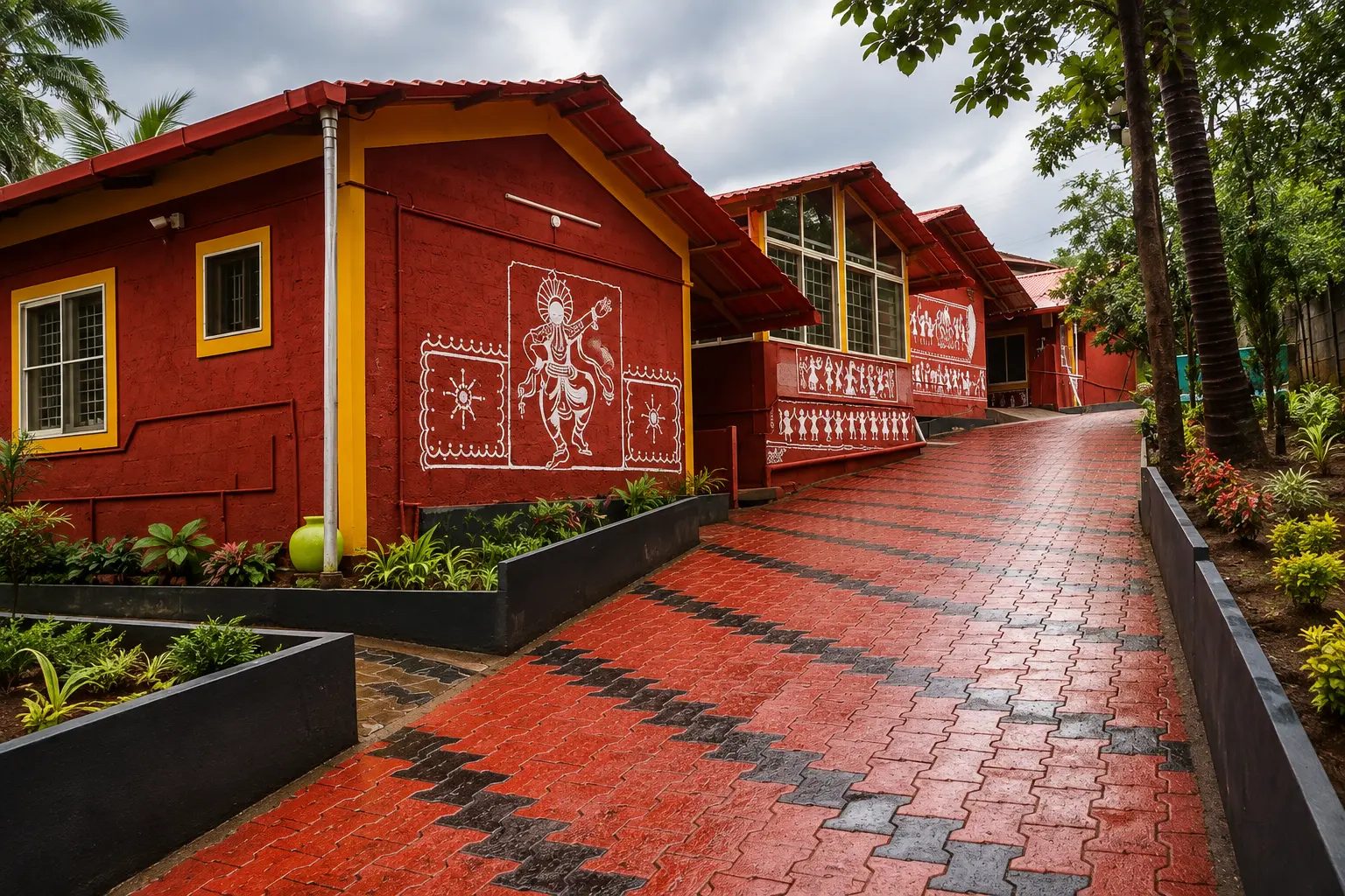 A red cottage with white folk-art murals beside a wet brick pathway lined with plants